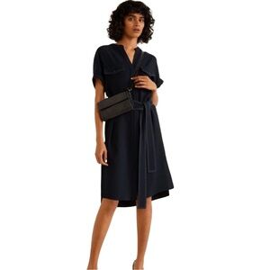 Mango Women’s Navy‎ Blue White Stitching Button-Up Suit Shirt Dress Size 4 EUC